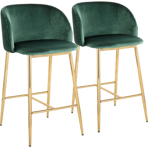 Fran Pleated Waves Counter Stool in Gold & Green Velvet (Set of 2)